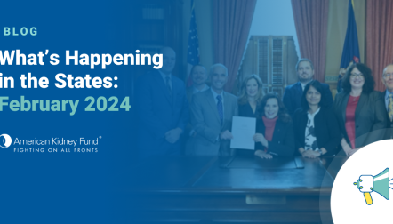 Group of advocates and AKF staff at bill signing in Michigan with blue text overlay, "What's Happening in the States"