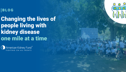 US Renal Care employees at a summer gathering outside with blue text overlay "Changing the lives of people living with kidney disease one mile at a time"