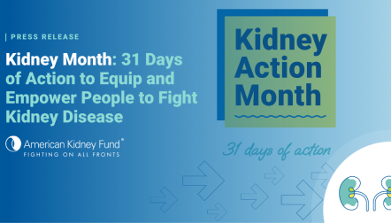 Yellow square with Kidney Action Month written on it with blue text overlay, "Kidney Month: 31 Days of Action