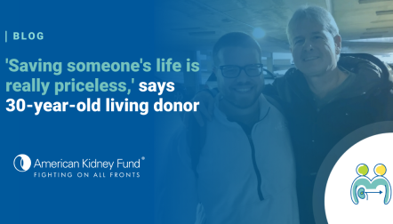 Chris Tock (left) and Paul Violino (right) with blue text overlay, "Saving someone's life is really priceless"