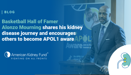 Alonzo Mourning speaking at a podium with blue text overlay, "Basketball Hall of Famer Alonzo Mourning shares his kidney disease journey and encourages others to become APOL1 aware"