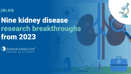 Cartoon researchers investigating large kidneys with blue text overlay, "Nine kidney disease research breakthroughs from 2023"