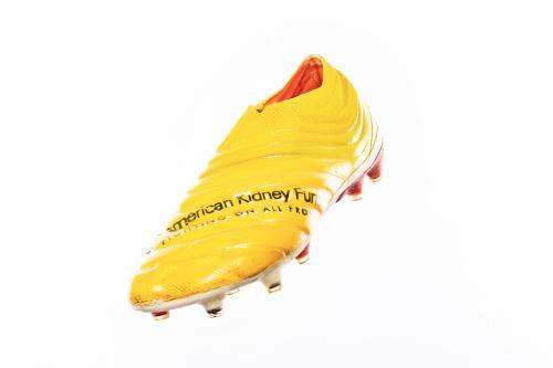 Yellow football cleat with American Kidney Fund logo across the top of the shoe