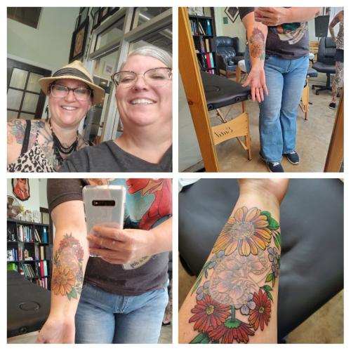 Collage of four photos of April Benefield's tattoo on her forearm of red and yellow flowers surrounding the outline of a kidney
