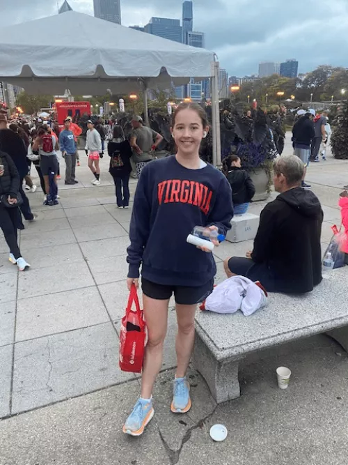 Ellie Hanley at the end of a race