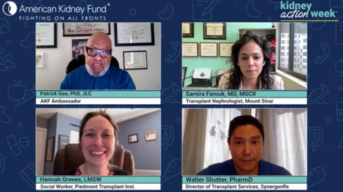 AKF Ambassador Patrick Gee, Dr. Samira Farouk, Hannah Graves and Walter Shutter in Kidney Action Week session