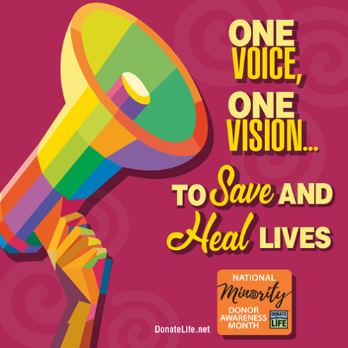 Hand holding a multicolored megaphone and the words "One Voice, One Vision... To Save and Heal Lives"