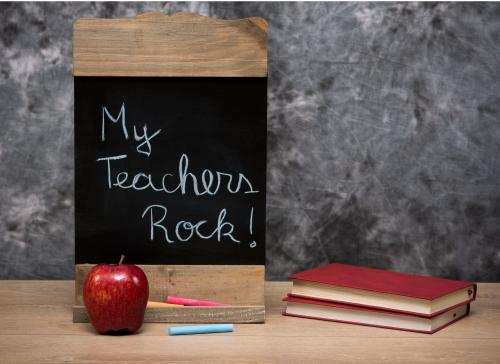 Chalkboard with "My Teachers Rock!", red apple and two red books