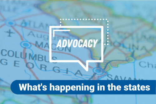 Advocacy logo and text on blue background with map of Georgia state and nearby cities