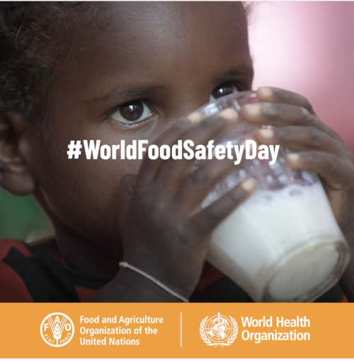 A Black child drinking milk with both hands with #WorldFoodSafetyDay across the image