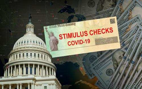 Graphics with a stimulus check and the Capitol
