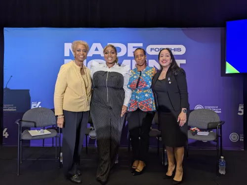 LaVarne A. Burton, Emani McConnell-Brent, Barbara Harrison from Howard University, and Shahzia Lakhani on the stage at CBCF