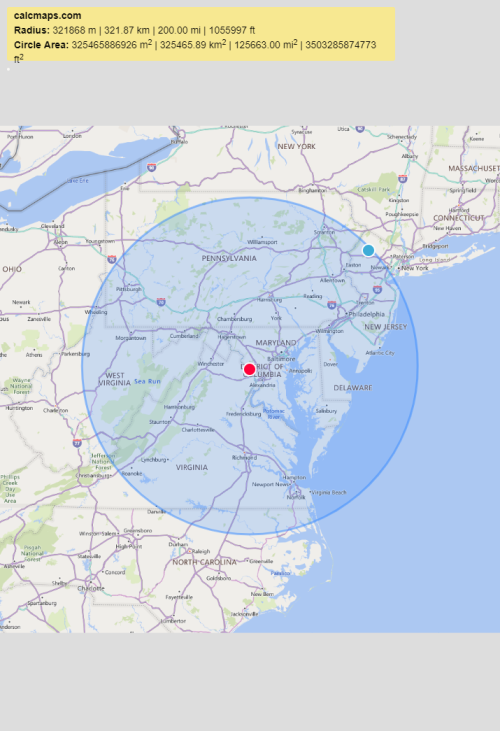 Map of the East Coast with a red pin for AKF's location and a radius circle around it