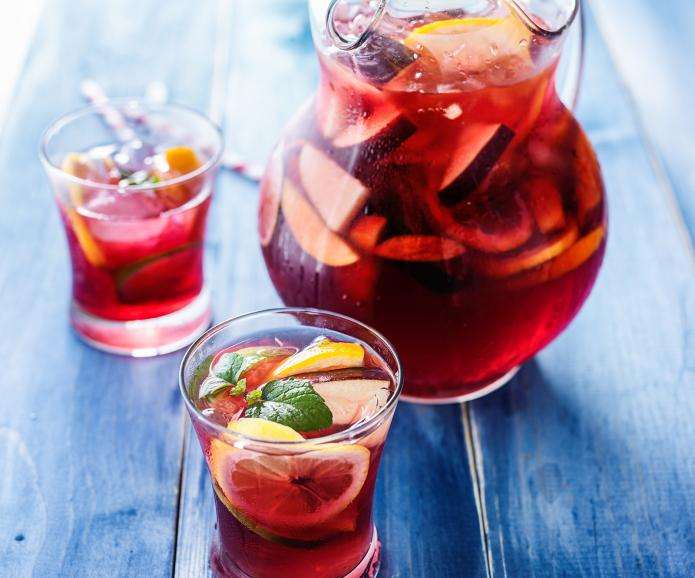 A sangria drink in a pitcher