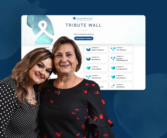 Two women in front of The American Kidney Fund Tribute Wall
