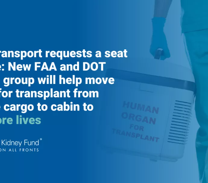 Person in green scrubs carrying a cooler with Human Organ for Transplant written on it with blue text overlay, "Organ transplant requests a seat upgrade: New FAA and DOT working group"