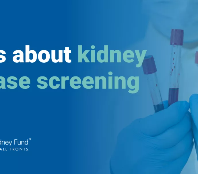 HCP holding two blood samples and a urine sample with blue text overlay, "FAQs about kidney disease screening"