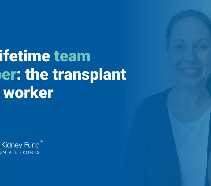 Headshot of Hannah J. Graves with blue text overlay, "Your lifetime team member: the transplant social worker"