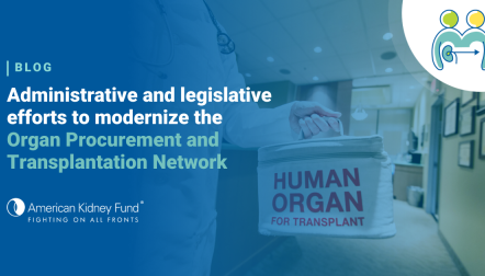 Doctor holding human organ bag with blue text overlay "Ogan Procurement and Transplantation Network"