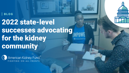 AKF Ambassadors in a meeting at the Capitol with blue text overlay "2022 state-level successes advocating for the kidney community"