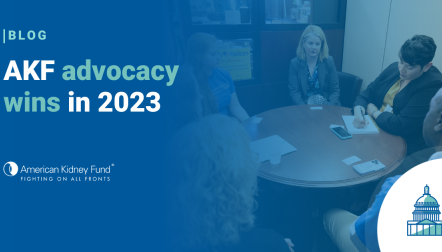 AKF Ambassadors and staff in a meeting with an elected official with blue text overlay, "AKF advocacy wins in 2023"