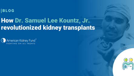 Black and white photo of Samuel Kountz Jr. in a surgical scrub cap and gown with blue text overlay, "How Dr. Samuel Lee Kountz, Jr. revolutionized kidney transplants"