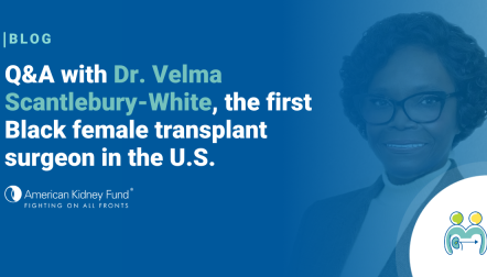 Headshot of Dr. Velma Scantlebury-White with blue text overlay, "Q&A with Dr. Velma Scantlebury-White, the first Black female transplant surgeon in the U.S."