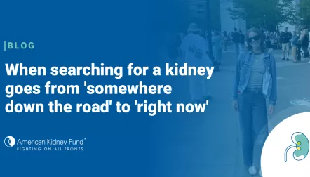 Ellie Hanley standing in front of the Arc de Triomphe with blue text overlay, "When searching for a kidney goes from 'somewhere down the road' to 'right now'"
