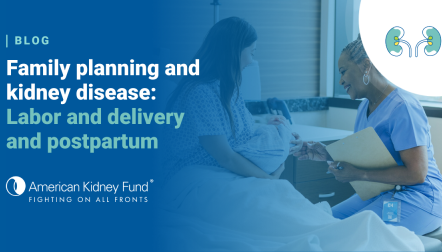 Woman in hospital bed holding newborn baby while sitting nurse looks at baby with blue text overlay, "Family planning and kidney disease: Labor and delivery and postpartum"