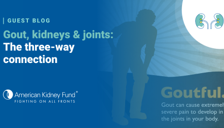 Goutful image with blue text overlay, "Gout, kidneys & joints: The three-way connection"