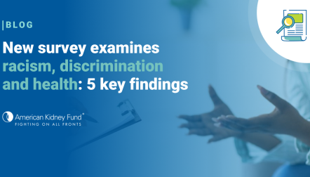Hands of black patient talking to black doctor holding a clipboard with blue text overlay "New survey examines racism, discrimination and health: 5 key findings"