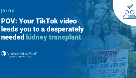 Savannah Stallbaumer and Katie Hallum holding a sign that reads, "Breaking News: you're getting a new kidney" with blue text overlay "POV: Your TikTok video"