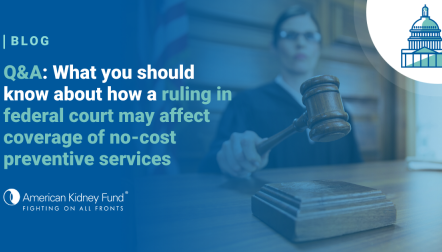 Judge on courtroom bench banging a gavel with blue text overlay "Q&A: ruling in federal court may affect coverage of no-cost preventive services"