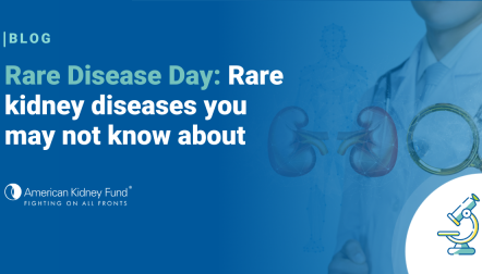 Doctor with magnifying glass and two kidneys with blue text overlay, "Rare Disease Day: Rare kidney diseases you may not know about"