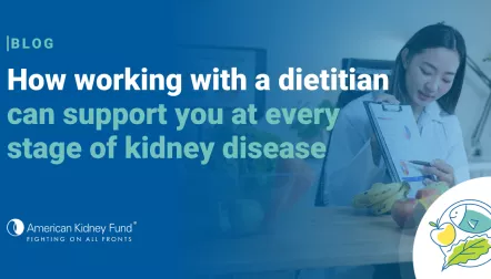 Dietitian consulting a client over a computer with blue text overlay, "How working with a dietitian can support you at every stage of kidney disease"