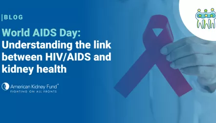 White doctor's hand holding an AIDS awareness ribbon with blue text overlay "World AIDS Day: Understanding the link between HIV/AIDS and kidney health"