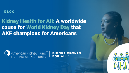 Black woman in yellow shirt staring off to the left with blue text overlay, "Kidney Health for All: A worldwide cause for World Kidney Day"