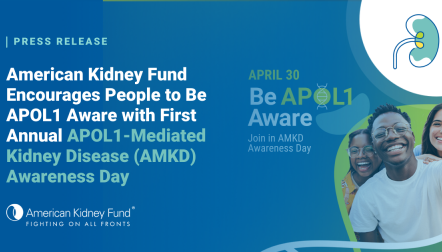 Black man, Black woman and Hispanic woman taking a selfie with blue text overlay, "American Kidney Fund Encourages People to Be APOL1 Aware with First Annual APOL1-Mediated Kidney Disease (AMKD) Awareness Day"