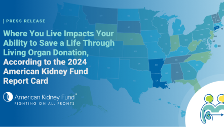 Multicolored map of the United States with blue text overlay, "Where You Live Impacts Your Ability to Save a Life Through Living Organ Donation, According to the 2024 American Kidney Fund Report Card"