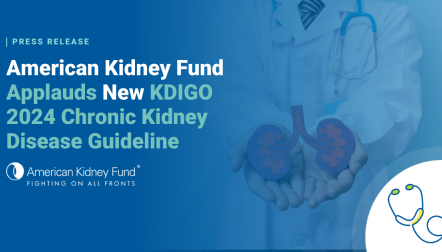 Doctor in white coat holding kidneys in his hands with blue text overlay, "American Kidney Fund Applauds New KDIGO 2024 Chronic Kidney Disease Guideline"