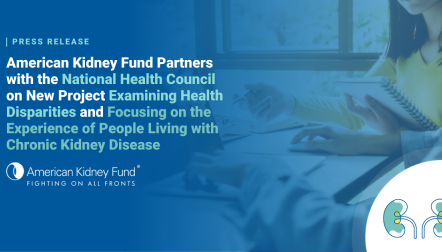 Two people conducting a survey with blue text overlay, "American Kidney Fund Partners with National Health Council"