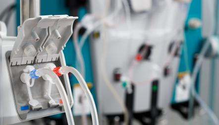 Hemodialysis machine tubes closeup