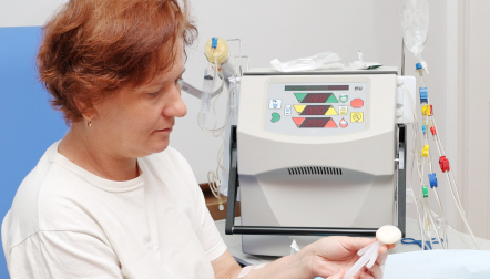 Woman setting up home dialysis